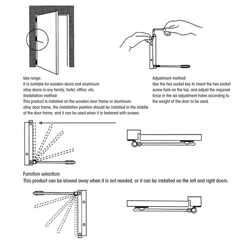 Diagram illustrating Automatic Door Closer Stainless Steel Spring Buffer Soft Silent Close For Home And Hotel Adjustable Force 180x165mm Durable Easy Install