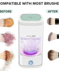 Automatic Makeup Brush Cleaner Machine With Dryer Holder showing before and after cleaning with Type C charging.