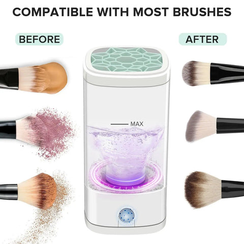 Automatic Makeup Brush Cleaner Machine With Dryer Holder showing before and after cleaning with Type C charging.