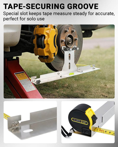 Close-up of Garage Ready Heavy Duty Wheel Alignment Tool Kit with tape measure slot in use on a vehicle wheel hub