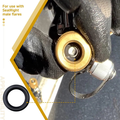 Close-up of brass HVAC quick-connect fitting with rubber O-ring seal and silver connector