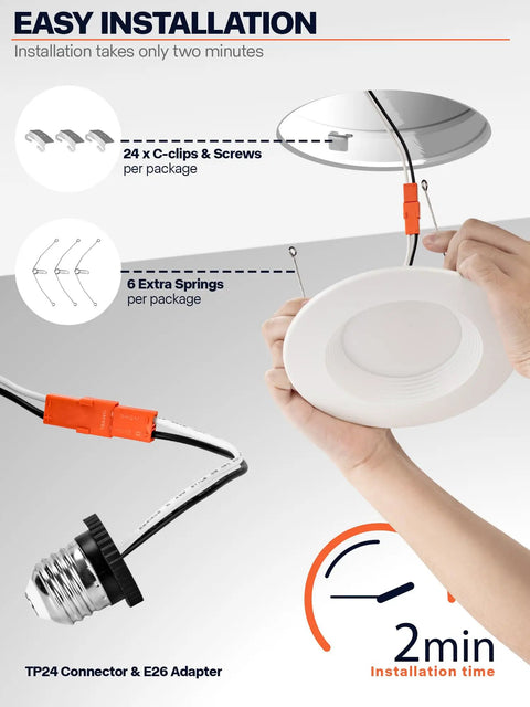 Hands installing 12 Pack 6 Inch Dimmable 5CCT LED Recessed Retrofit Can Light with metal housing, focuses on connectors and adapters.