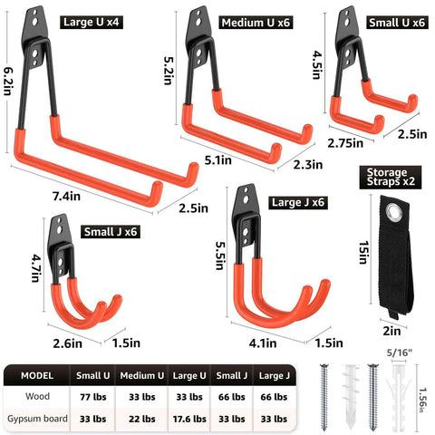30 Pack Heavy Duty Wall Mount Garage Hooks For Bikes, Ladders, Tools, And Garden Equipment, Anti Slip Steel Utility Hangers