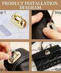 Chinflly four-piece gold-tone turn-lock clasps for handbags; front, side, close-up, and installed views on a black bag.