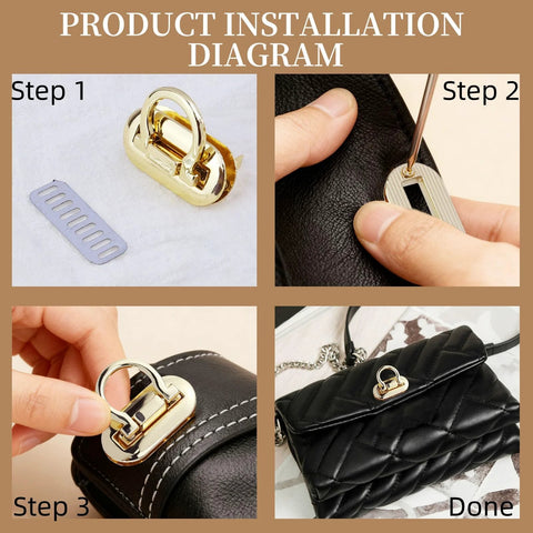 Chinflly four-piece gold-tone turn-lock clasps for handbags; front, side, close-up, and installed views on a black bag.