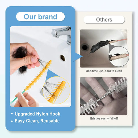 50 Inch Reusable Drain Snake 3 Pack Tough Nylon Hooks removing hair from sink, showing effective design and easy rinse cleanup.
