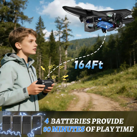 Foam RC Plane Drone With Four Batteries Delivers Up To 80 Minutes Of Flight Time For Kids And Adults 8 To 16 depicted in forest setting