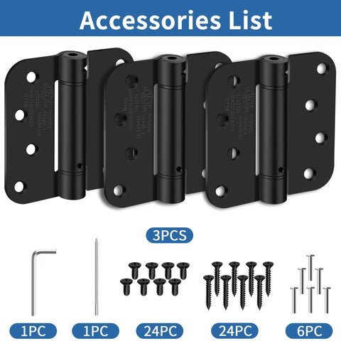 Heavy Duty Four Inch Self Closing Door Hinges Three Pack Featuring Five Eighths Corners And Spring Loaded Setup For Interior Rooms That Shut Smoothly Straight Up Zero Hassle Every Day with accessories.