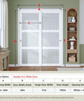 Preassembled Sliding Closet Door 60x80 Inch White Double 31 Inch Panels With 3 Lite Frosted Glass Bypass Door And Hardware Kit Included Wood Slab Waterproof PVC Surface Easy To Install No Assembly Required Smooth Quiet Glide, shown installed in a living room setting with size chart.