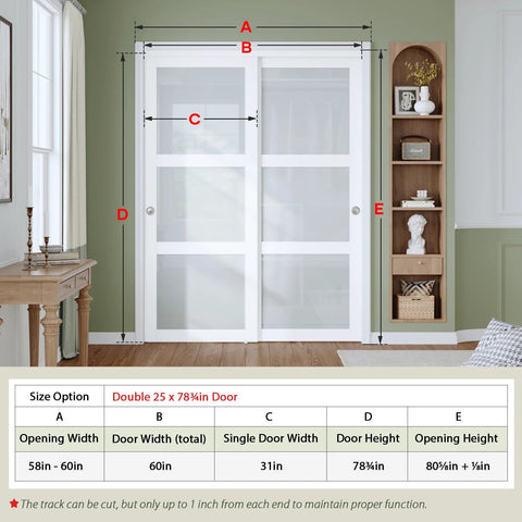 Preassembled Sliding Closet Door 60x80 Inch White Double 31 Inch Panels With 3 Lite Frosted Glass Bypass Door And Hardware Kit Included Wood Slab Waterproof PVC Surface Easy To Install No Assembly Required Smooth Quiet Glide, shown installed in a living room setting with size chart.