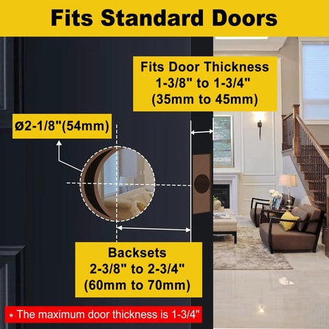 Diagram showing 10 Pack Interior Door Knobs with Privacy Locks in Matte Black Round Ball Handles, adjustable for standard doors.