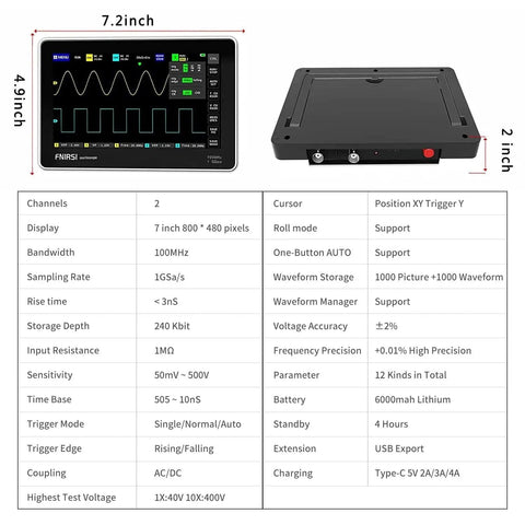 Upgraded 1013D Plus 100X Probe Portable Digital Oscilloscope showing display features and dimensions