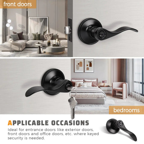 Matte Black Lever Door Handle Set With Keyed Entry For Front Door 3 Pack Vintage Style Door Handles Easy Install Lockset Durable Home Security Hardware Quick DIY Fit No Fuss installed in living room and bedroom settings