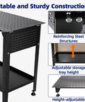 Heavy Duty Steel Welding Table 2000 Lbs Capacity 36 By 24 Workbench With 5/8 Fixture Holes And Tool Tray showcasing adjustable storage tray height and stable construction.