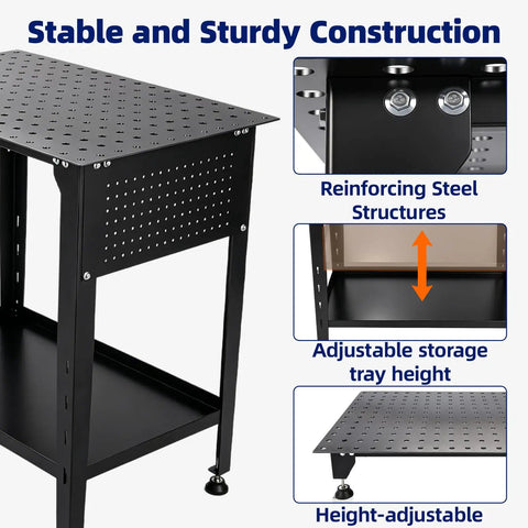 Heavy Duty Steel Welding Table 2000 Lbs Capacity 36 By 24 Workbench With 5/8 Fixture Holes And Tool Tray showcasing adjustable storage tray height and stable construction.