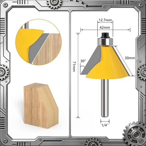 Top Shelf Five Piece Chamfer Router Bit Set With Quarter Inch Shank features a tungsten carbide bit for precise 30-degree bevel cuts.