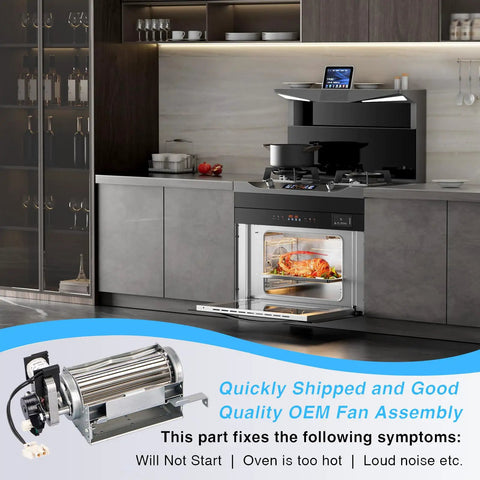 Kitchen setup with open oven and Cooling Fan Replacement For Range Oven Control Panel W11107275 shown, quick swap design.