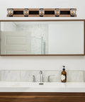 36-Inch Five-Light Modern Farmhouse Vanity Light With Smoked Birch Wood Grain Metal And Black Finish, Open Rectangular Frame, Rustic Bathroom Bar Fixture For Powder Rooms And Hallways above mirror