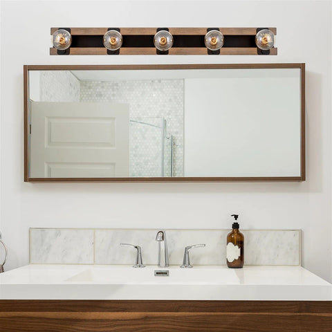 36-Inch Five-Light Modern Farmhouse Vanity Light With Smoked Birch Wood Grain Metal And Black Finish, Open Rectangular Frame, Rustic Bathroom Bar Fixture For Powder Rooms And Hallways above mirror