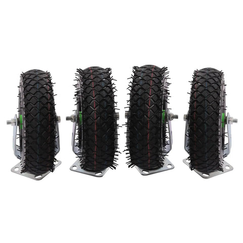 10 Inch Pneumatic Casters Set Of 4 Featuring Swivel And Rigid Brackets, Heavy Duty Rubber Wheels Built Tough As Nails, Shock Absorbing Treads For Smooth Rollin Carts And Workbenches, showing four inflated rubber wheels with sturdy metal brackets.