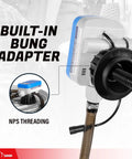 Heavy Duty Electric Def Drum Pump With Slick Flow Control Nozzle And Nine Point Eight Foot Vinyl Hose For Hassle Free Two Point Four Gpm Transfer with built-in bung adapter.