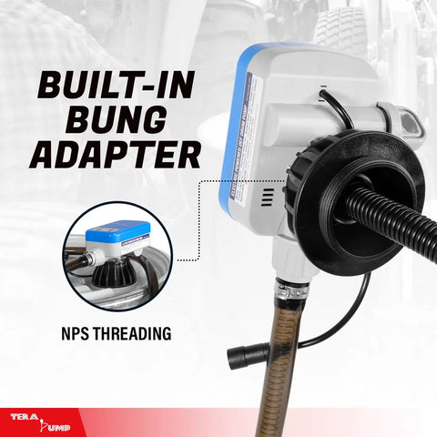 Heavy Duty Electric Def Drum Pump With Slick Flow Control Nozzle And Nine Point Eight Foot Vinyl Hose For Hassle Free Two Point Four Gpm Transfer with built-in bung adapter.