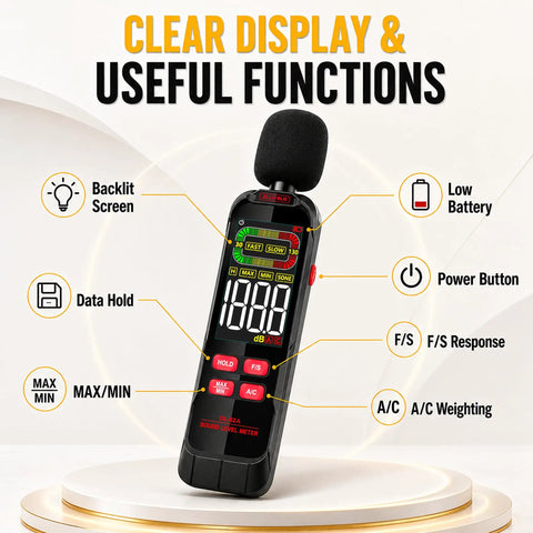 Digital Sound Level Meter With 30 To 130 dB Range A And C Weighting Fast Or Slow Response Max Min Data Hold Color Backlit Display Ideal Noise Meter For Home Office Shop Floor And Neighbor Noise Checks, front view