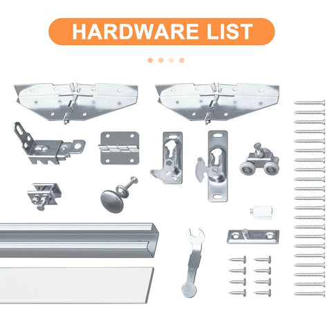 36x80 3 Lite Frosted Glass Bifold Closet Door Set With Hardware Kit components displayed on white background.