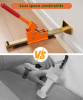 Hardwood flooring jack installation tool with orange body and ratcheting track; used to straighten floor planks