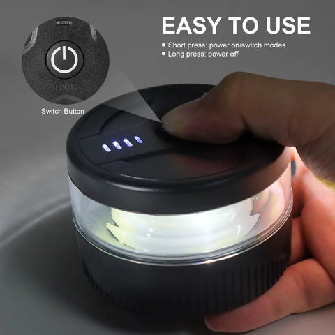 Hand pressing button on Magnetic Wireless Beacon Light With USB C Rechargeable LED Strobe For Trucks And Work Rigs Amber Emergency Flash Light