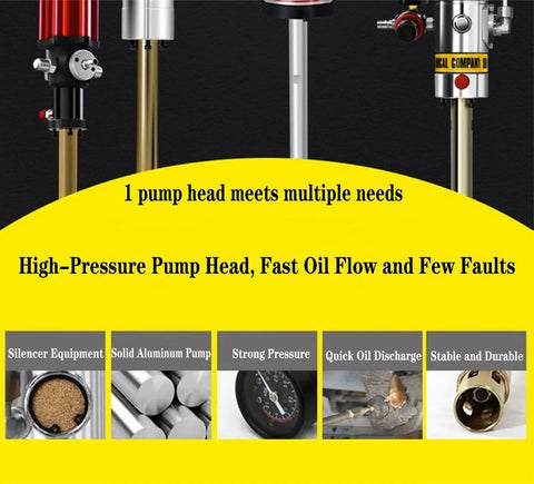 No Sweat Slick Air Powered Grease Pump Kit For 55 Gallon Drums featuring aluminum pump head and oil flow indicators.