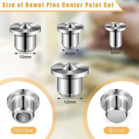 DIY Friendly 32 Piece Dowel Pin Center Point Kit For Woodworking Solid And Hollow Dowel Centers And Transfer Plugs Includes 1/4 5/16 3/8 1/2 Inch Pins 6 8 10 12 Mm For Quick Fits And Precise Alignment in various sizes on display.