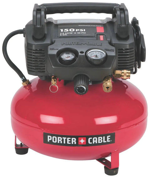 6 Gallon Pancake Air Compressor 150 Psi Portable Pump with steel tank and gauges for reliable air supply at job sites.