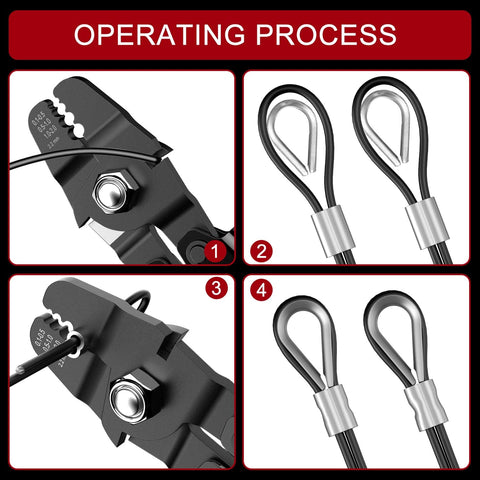 Step-by-step guide using the All-In-One 328ft Wire Rope Crimping Tool Kit With Heavy-Duty Crimp Tool Black Vinyl Coated 7x7 1.5mm Wire, 200 Aluminum Crimp Sleeves And 20 Stainless Steel Thimbles For DIY Rigging And Pro Grade Results.