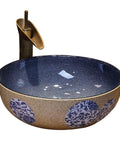 USZWBY Vessel Sinks Bathroom Vessel Sink Art Countertop Basin Utensil Round Ceramic Washbasin with Faucet Bathroom Bowl Sink, blue and beige design.
