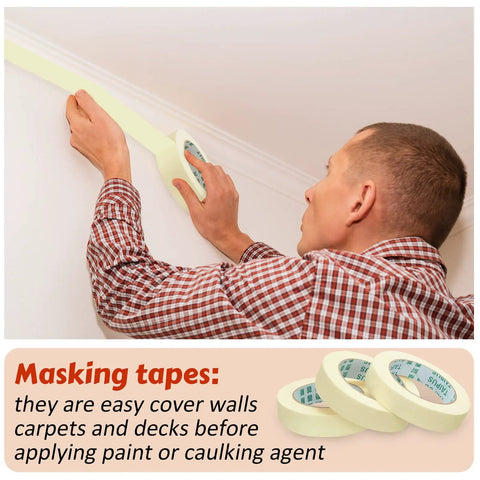 Person using 30 Rolls Masking Tape Bulk 55 Yards Each For Classroom Labeling Crafts Office School Projects Super Handy Easy Tear And Clean Removal Beige White 1 Inch General Purpose Tape on wall corner