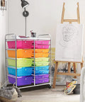 15 Drawer Rolling Storage Cart With Lockable Wheels A Handy Multipurpose Rainbow Organizer For Home Office And School With Top Shelf