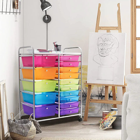 15 Drawer Rolling Storage Cart With Lockable Wheels A Handy Multipurpose Rainbow Organizer For Home Office And School With Top Shelf