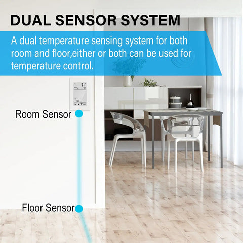 ET-72 Digital Programmable Thermostat For Floor Heating With Large LCD Display, dual sensor system in a modern room
