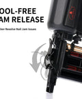 Pro Grade 18 Gauge Pneumatic Brad Nailer And Air Powered 2 In 1 Staple Gun Kit showing tool-free jam release mechanism for easy operation.