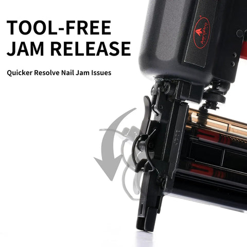 Pro Grade 18 Gauge Pneumatic Brad Nailer And Air Powered 2 In 1 Staple Gun Kit showing tool-free jam release mechanism for easy operation.