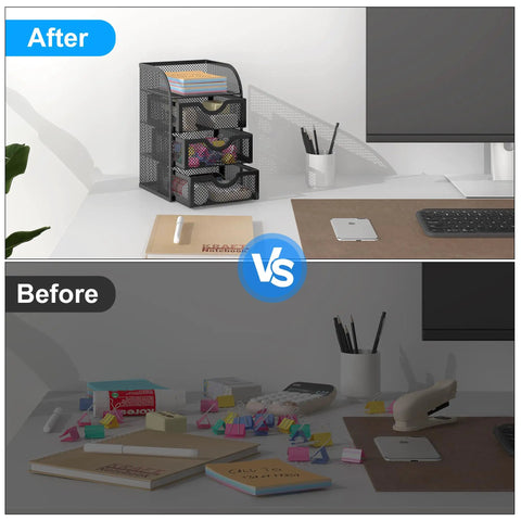 Before and after image showing tidy desk with mesh desk organizer with three drawers for office and home a must have stationery caddy for paper clips post it notes staples and small accessories clear mesh storage keeps essentials visible ideal for students black.