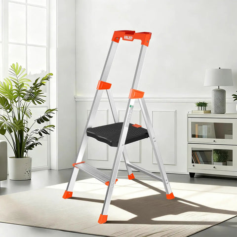 Two Step Ladder With XL Platform For A Rock Solid Stand, Aluminum Lightweight Folding Stool, 330 Lb Weight Rating, No Assembly Required, Large Anti Slip Feet, Easy Fold Design For Home, Garage, Or Office in a bright room