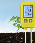 4 In 1 NPK Soil Tester With Temperature Readings for Indoor and Outdoor Gardening, with digital display and two steel probes.