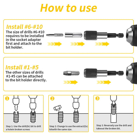 Instructions for using 33 Piece Screw Extractor And Bolt Remover Kit With HSS Drill Bits Magnetic Extension Bit Holder Easy Out Removers.
