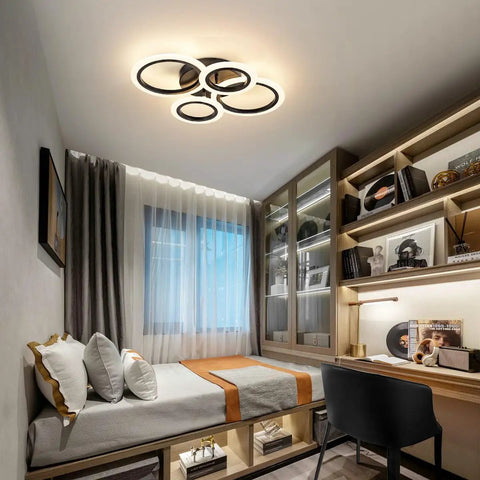 34W Dimmable LED Ceiling Light With Four Ring Black Flush Mount 3000K To 6000K Color Temp Remote Control 2720 Lumens