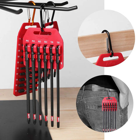 Long 6 Inch Torx Bit Set, 6 Piece With Magnetizer And Demagnetizer, Includes Durable Clip For Quick Access displayed hanging on hooks