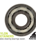 Close-up of ILQ7 Plus Inline Skate Bearings 16 Pack Silver featuring nylon retainers for easy cleaning, shown with Rollerblade logo.
