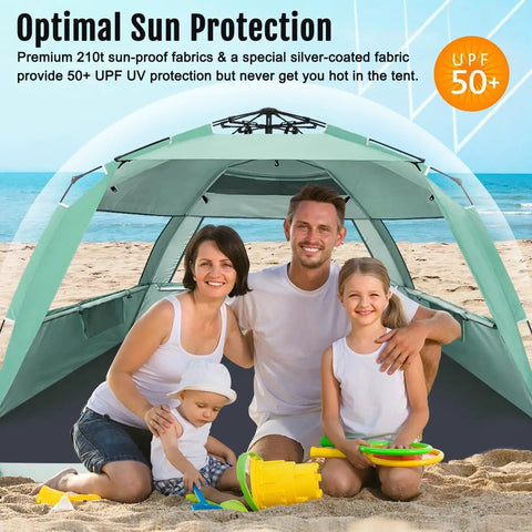 Family enjoying Deluxe XL Pop Up Beach Tent Sun Shade For 3 To 4 People With UV Protection And Extendable Floor, mint green.