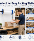 Heavy Duty Wall Mount Bubble Wrap Dispenser Built Tough Industrial Steel Roll Holder with bubble wrap in a warehouse setting.